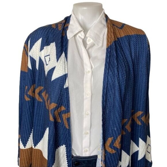 JC Fashion Southwester Style Kimono Cardigan White Blue Brown Cape Cardigan Size - Picture 2 of 8